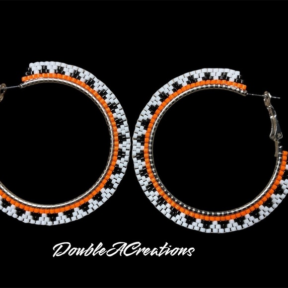 Orange Navajo Basket Style 1 3/4” Beaded Hoops, New, Handmade by Me - Picture 6 of 7